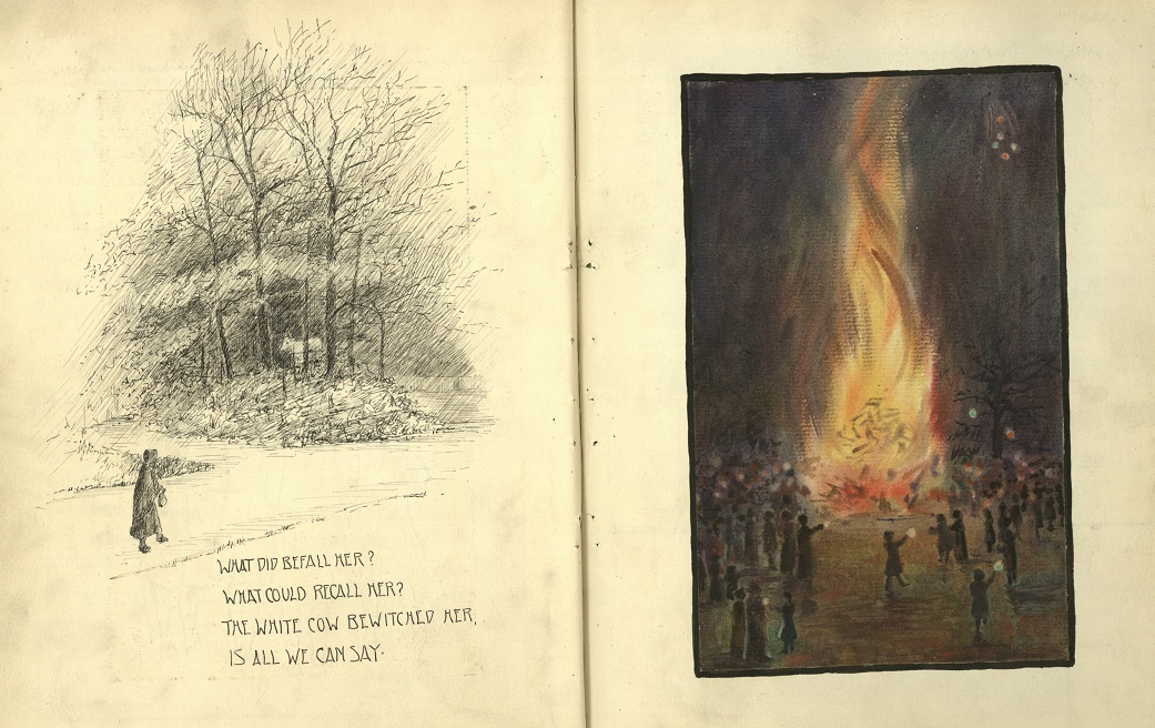 A double page of illustations, one of a copse of trees in winter with figure approaching, and one of a large bonfire against a dark sky.